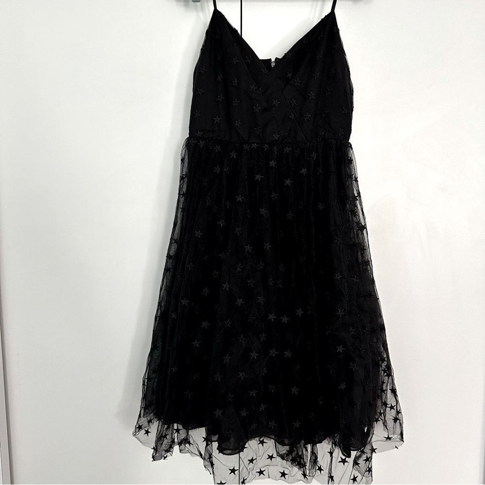 J Crew black tulle star embroidered strap dress